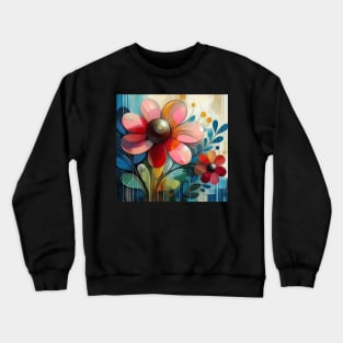 Abstract Pink Red Blue Flower and Leaves Crewneck Sweatshirt